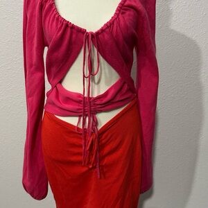 Large NWT Lovers + Friends Vibrant Pink & Red Cutaway Knit Dress Cold Shoulders